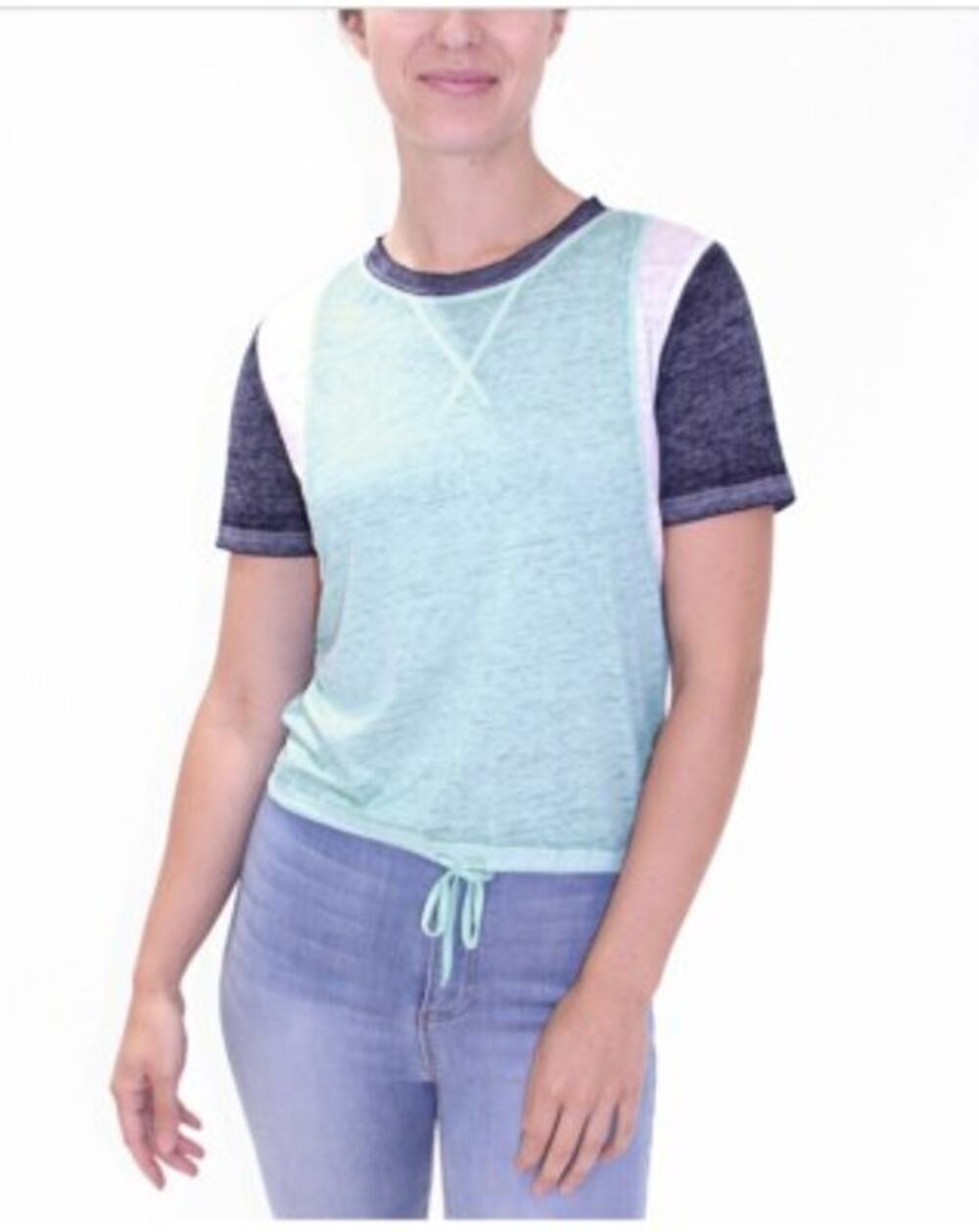 NWT Crave Fame Blue Color Block Short Sleeve Tie Waist Top Women's Size Large